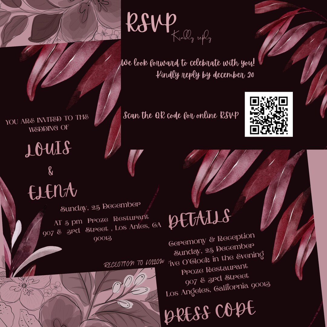 Luxury Wedding Invitation Suite | QR Code RSVP | Dark Floral Burgundy ...
