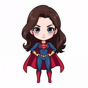 May include: A sticker featuring a cartoon illustration of a female superhero. She has brown hair, blue eyes, and wears a blue and red costume with a gold belt and accents. The superhero has a red cape and is standing with her hands on her hips.