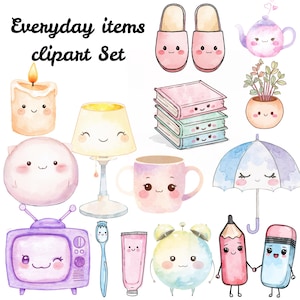 May include: Watercolor clipart set of everyday items, including a candle, slippers, teapot, books, lamp, mug, umbrella, TV, toothbrush, toothpaste, alarm clock, pencil, and eraser. The items are in pastel colors with cute faces.