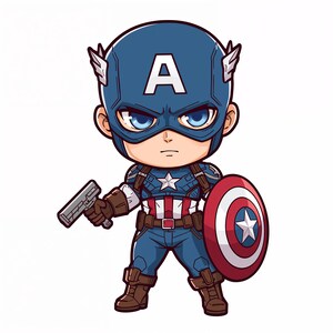 May include: A cartoon illustration of Captain America in a chibi style. He wears a blue helmet with a white "A", a blue and red suit, and brown boots. He holds a silver gun in his right hand and a red, white, and blue shield in his left.