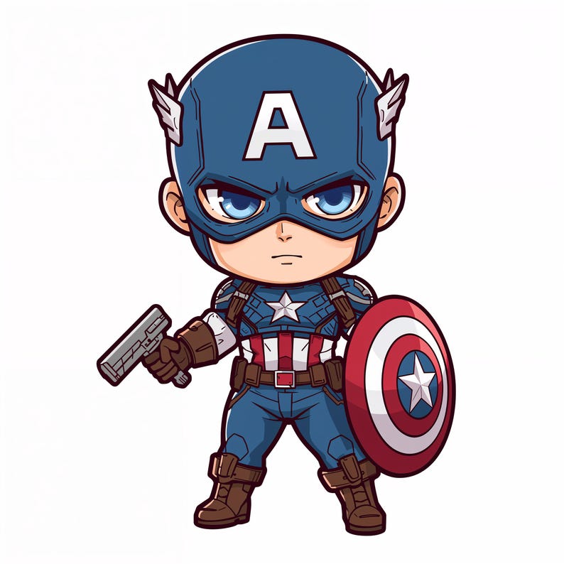 May include: A cartoon illustration of Captain America in a chibi style. He wears a blue helmet with a white "A", a blue and red suit, and brown boots. He holds a silver gun in his right hand and a red, white, and blue shield in his left.