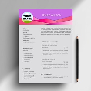 May include: A resume template with a pink and purple geometric design at the top. The resume includes sections for contact information, expertise skills, hard skills, professional experience, and certifications. A pencil rests on the right side of the resume.