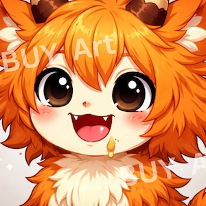 May include: A digital illustration of a cartoon fox-like character with orange fur and large brown eyes. The character has a smiling expression with a visible tongue and a small amount of drool. The image has the text "BUY Art" in the background.