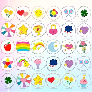 May include: A collection of colorful cartoon-style graphics, each within a white circle with a scalloped edge. Designs include hearts, stars, flowers, rainbows, and a smiling sun. The graphics are set against a soft pink and white gradient background.