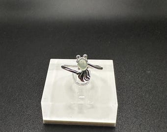 Pale Icy Green Grade A Jadeite Ring | Oval Cabochon with Goldfish Tail Shoulders | 925 Sterling Silver Adjustable Ring