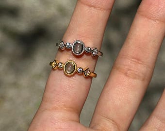 Pale Icy white Grade A Jadeite Ring | Ornate Oval Cabochon with Zirconia Accents | 925 Sterling Silver & Gold Plated Adjustable Ring