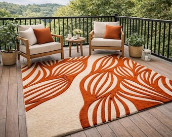 Hand Tufted Wool Rug, Botanical Abstract Leaf Design, Burnt Orange Ivory Area Rug