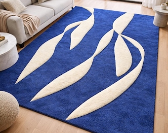 Hand Tufted Blue Abstract Area Rug, 6x9ft  Modern Living Room Rug Cream Wave Pattern Rug, Contemporary Designer Wool Floor Rug Decor