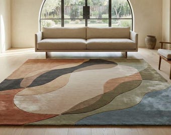 Modern Abstract Handcrafted Wool Rug, Handmade Wool Feel Rug for Living Room Custom Size 9x12 Area Rug