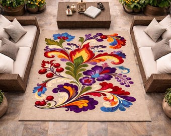 Hand Tufted Floral Wool Rug, Botanical Living Room Rug, Luxury Flower Area Rug, Handmade Statement Floor Decor 4x6ft,5x7ft,6x9ft