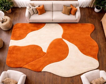Organic Shape Hand Tufted Wool Rug, Custom Size 5x7ft, 6x9ft Orange & Ivory Statement Area Rug for Luxury Living Room Decor