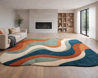 Hand-Tufted Wool Rug, Abstract Wave Design, Living Room Area Rug