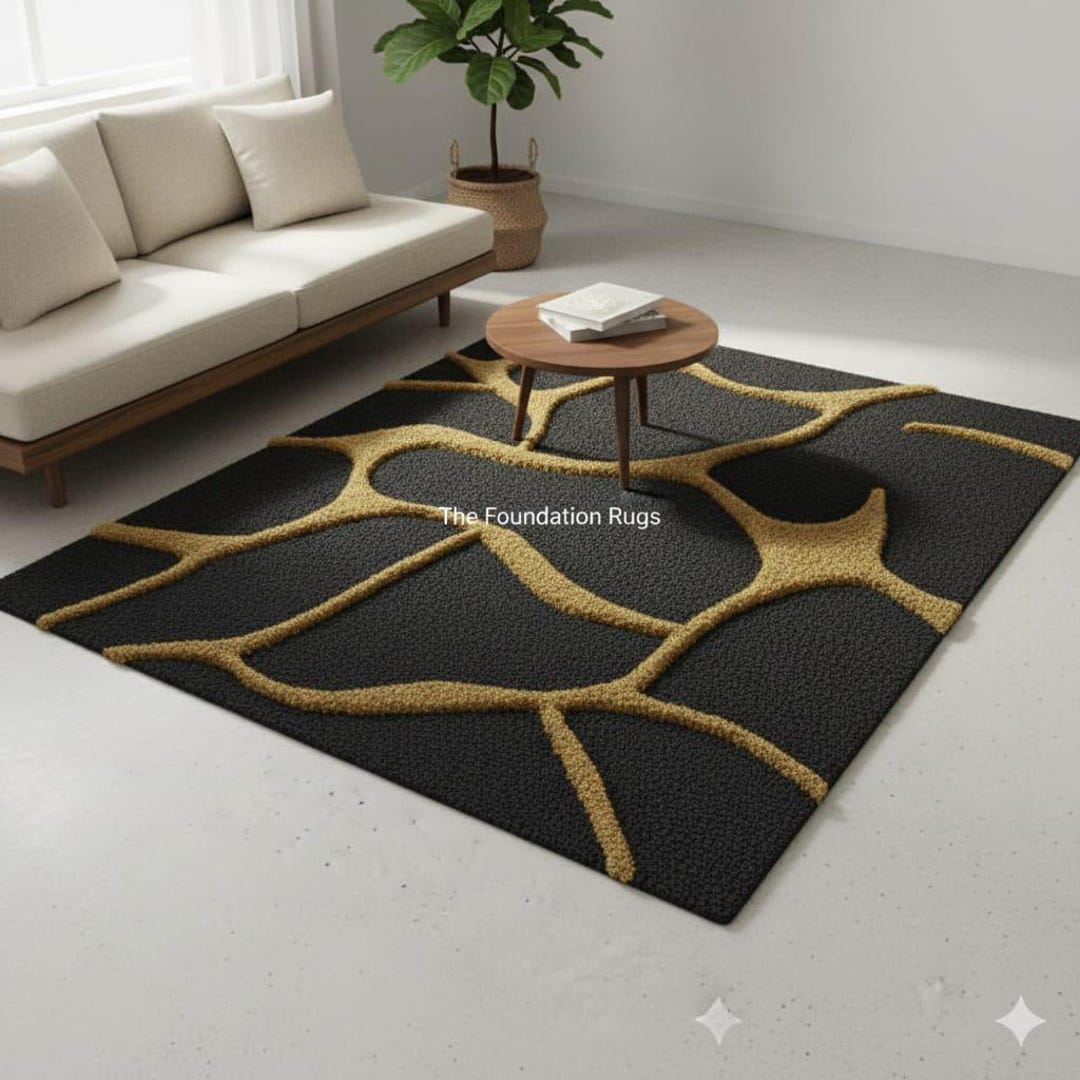 Luxury Dark Brown and Gold Abstract Rug | Hand-tufted Carpet | Raised ...
