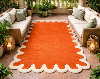 Handgetuft oranje en ivoorkleurig tapijt handgemaakt tapijt van biologische wol geschulpt ontwerpgebied modern 6 x 9, 9 x 12 vloerkleed voor woonkamer