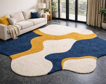 Hand Tufted Wool Rug, Navy Blue Gold Ivory area rug 8 x 10 feet modern rug living room rug handmade rug