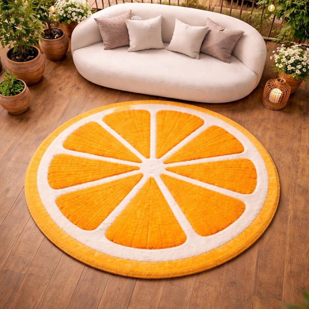 Orange Slice Round Rug, Hand Tufted Wool Citrus Fruit Rug, 5x7ft Cut ...