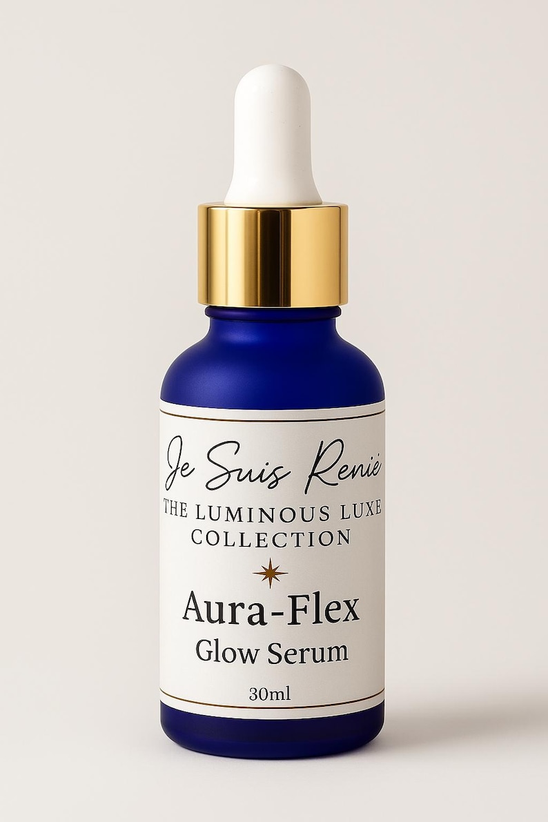 May include: A dark blue glass bottle with a gold-colored cap and white dropper. The label reads "Je Suis Renie, The Luminous Luxe Collection, Aura-Flex Glow Serum, 30ml."