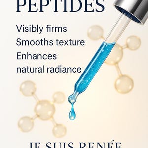 May include: A skincare product advertisement featuring a dropper with a blue liquid. The text reads "COPPER PEPTIDES" and lists benefits like visibly firms and enhances natural radiance. The brand name "JE SUIS REN&Eacute;E Aura-Flex" is also displayed.
