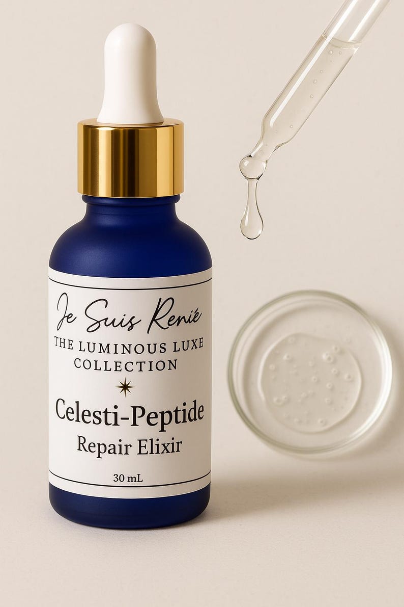 May include: A dark blue bottle of Celesti-Peptide Repair Elixir from the Luminous Luxe Collection. The bottle has a gold cap and a white dropper. A clear liquid is dripping from the dropper. A small glass dish contains a small amount of the clear liquid.