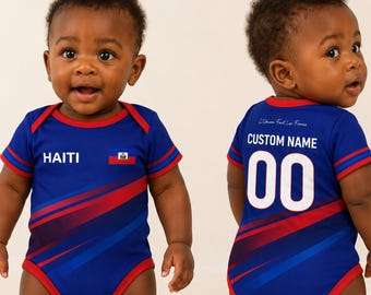 ハイチ代表ベビー用サッカーボディスーツ、名前と背番号入りカスタム幼児用サッカージャージ、ハイチ代表ファン向けベビー服、ハイチ代表ジャージロンパースギフト