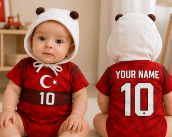 Body da neonato a tema Turchia con nome e numero personalizzati, maglia da calcio, completo da calcio personalizzato a tema Turchia, regalo per neonati per i tifosi, versione per tifosi 2026