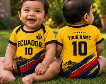 Ecuador Soccer Baby Bodysuit - Infant Bodysuit Jersey, Custom Name & Number, Yellow Ecuador Football Outfit, Toddler Sports Shirt