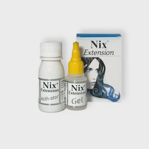 May include: A product shot of Nix Extension products. The image features a white bottle labeled "Activator", a clear bottle of "Gel" with a yellow cap, and a box with a woman's face. All items are labeled with the "Nix Extension" logo.