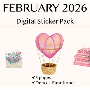 February 2026 Watercolor Digital Stickers | Goodnotes & Noteful