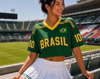 Custom Brazil Soccer Crop Jersey, Personalized Brazil Football Shirt, Custom Name Number Top, Brazil Fan Gift, Women's Cropped Soccer Tee