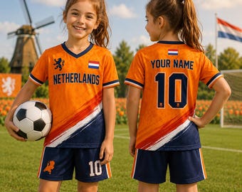 Personalized Netherlands Soccer Uniform for Kids, Custom Name Number Football Jersey Set, Dutch Orange Youth Soccer Outfit