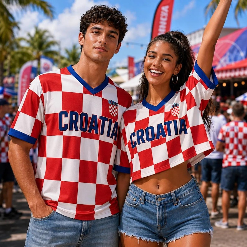 Puede incluir: Dos camisetas con un patr&oacute;n de cuadros rojos y blancos, cuellos en V azules y pu&ntilde;os azules. La palabra CROATIA est&aacute; impresa en letras azules grandes en el pecho de cada camiseta, con un peque&ntilde;o emblema del escudo de armas croata a la izquierda.