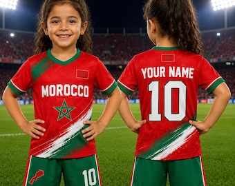 Personalized Morocco Soccer Jersey Kids, Custom Morocco Football Shirt, Morocco Fan Outfit, Kids Soccer Uniform, Name Number Gift