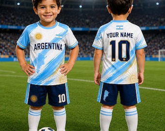 Custom Argentina Soccer Jersey for Kids, Personalized Football Outfit with Name & Number, Boys Soccer Shirt and Shorts Gift