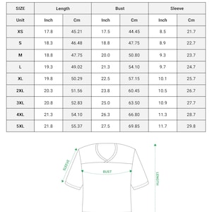 Puede incluir: Una tabla de tallas para una camiseta de f&uacute;tbol corta con estampado integral. La tabla enumera tallas de XS a 5XL con medidas de largo, busto y manga en pulgadas y cent&iacute;metros. Un dibujo lineal de la camiseta ilustra los puntos de medida.