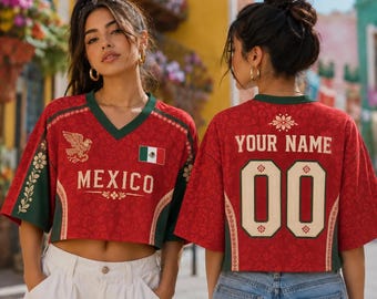 Mexico Soccer Crop Top Jersey, Custom Name Number Mexico Shirt, Football Fan Crop Tee, Women World Cup Outfit Gift