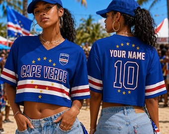Custom Cape Verde Crop Jersey Shirt, Custom Cabo Verde Football Tee, Custom Name Number Shirt, Cape Verde Flag Soccer Fan, Women Cropped Top
