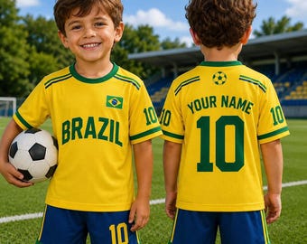 Personalized Brazil Soccer Jersey Set for Kids, Custom Name Number Football Uniform, Brazil Youth Soccer Outfit, Boys Girls Sportswear Gift