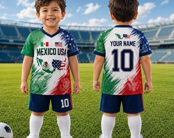 Mexico USA Kids Soccer Jersey Set, World Cup Fan Outfit, Personalized Youth Football Uniform, Custom Name Number Mexico USA Jersey