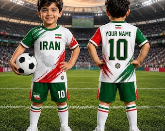 Uniforme de fútbol personalizado de Irán para niños, kit de fútbol con nombre y número personalizados, conjunto de camiseta de fútbol para niños, regalo de equipación de fútbol juvenil.