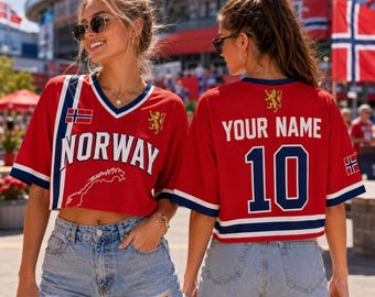 Personalized Norway Crop Top Jersey, Custom Name Number Soccer Shirt, Norway Football Fan Tee, World Cup Game Day Top