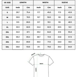 Puede incluir: Una tabla de tallas para una camiseta con estampado integral, que muestra tallas de EE. UU. de S a 5XL con medidas de largo, ancho y manga en pulgadas y cent&iacute;metros, junto a un dibujo lineal de una camiseta con etiquetas.