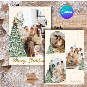 Puede incluir: Diseño de tarjeta de Navidad con fotos familiares y una ilustración de árbol de Navidad en acuarela. La parte delantera de la tarjeta tiene una foto familiar con el texto "Merry Christmas". La parte posterior de la tarjeta tiene fotos familiares adicionales.