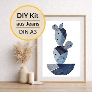 DIY Bastelset Kaktus aus Jeans | Upcycling Wandkunst auf Leinwand DIN A3 | Geschenk für Mama & Freundin | Textilkunst | diy geschenkset