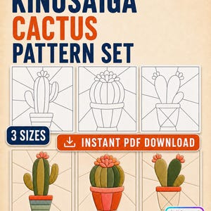 Kinusaiga 3 cactus bundle templat, pattern set pdf, beginner textile art, instant download, template for fabric, fabric scrap craft