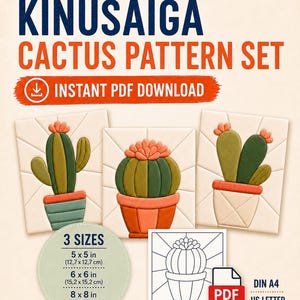 Könnte beinhalten: Kinusaiga Kaktus-Musterset, ein sofortiger PDF-Download. Enthält drei Kaktus-Designs in Grün, Orange und Creme. Verfügbar in 3 Größen: 12,7x12,7 cm, 15,2x15,2 cm und 20,3x20,3 cm. Beinhaltet eine schwarz-weiße Linienvorlage für DIN A4 und US Letter.