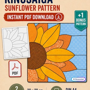 Könnte beinhalten: Eine digitale Kinusaiga-Sonnenblumen-Mustervorlage mit einer Sonnenblumen-Grafik mit orangefarbenen und gelben Blütenblättern, brauner Mitte und blauem Hintergrund mit Punkten. Enthält eine schwarz-weiße Vorlage, PDF-Format und zwei Größen: 20 x 20 cm und 18 x 18 cm.