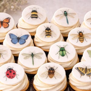 Decoraciones comestibles para cupcakes con forma de insectos: Papel de oblea o láminas de glaseado con motivos botánicos vintage, juego de 12 unidades.