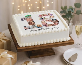 CUSTOM PHOTO CAKE Topper: Essbares Zuckerguss-Blech, Zahlencollage 18., 21. Geburtstag, Tortendekoration, für Kindergeburtstage
