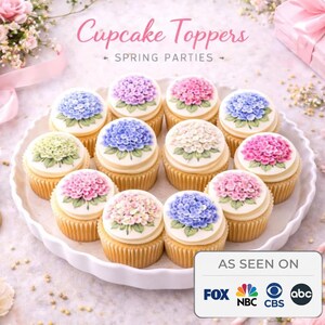 ADORNOS PARA CUPCAKES DE HORTENSIAS: Decoración floral comestible en acuarela, papel de oblea, lámina de glaseado, juego de 12
