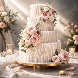 Può includere: Una torta nuziale a quattro piani con glassa bianca arricciata e decorazioni floreali. La torta è decorata con rose rosa e bianche, verde e poggia su un supporto dorato. Un centrotavola per un matrimonio o una celebrazione.